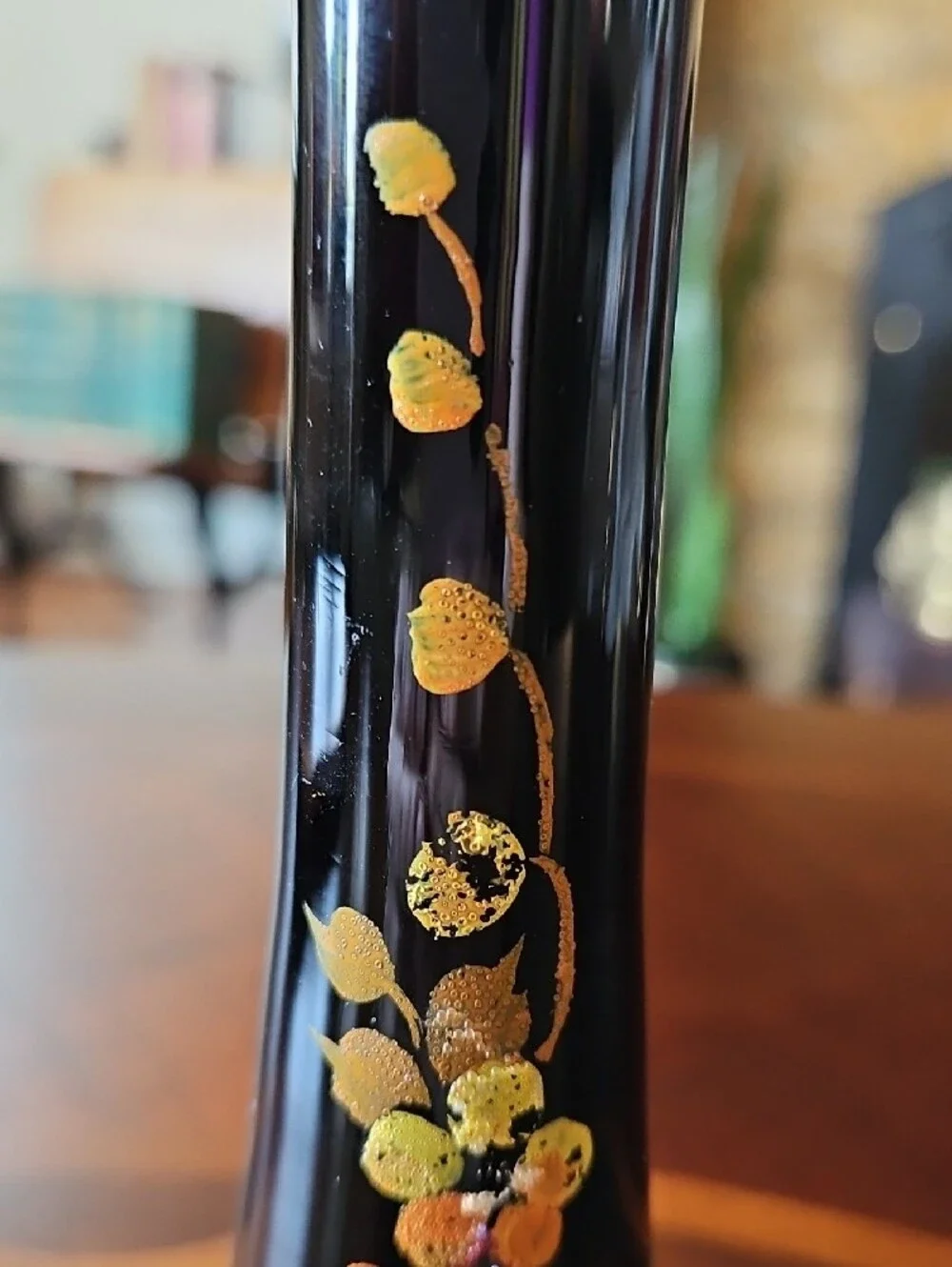 Art Deco Black Amethyst Hand Painted Enamel Floral Gold Ruffled Fluted Bud Vase